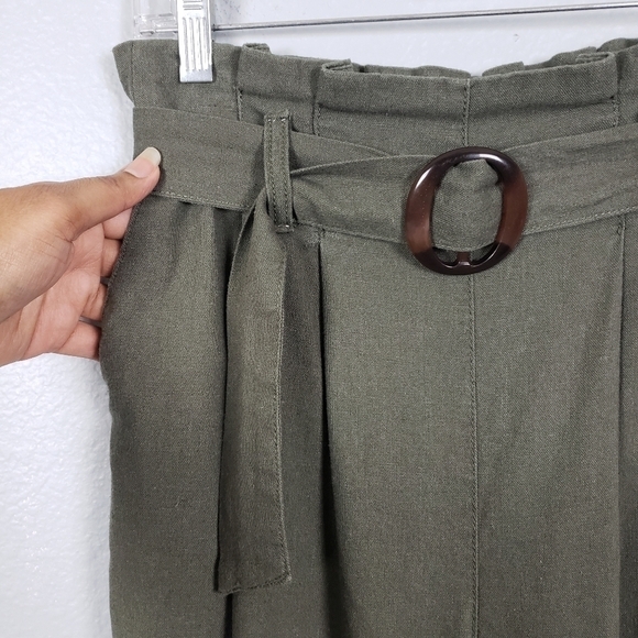 Linen Blend Cropped Paperbag Waist Olive Green Pants Sz M Goblincore Gremlincore - Picture 3 of 7